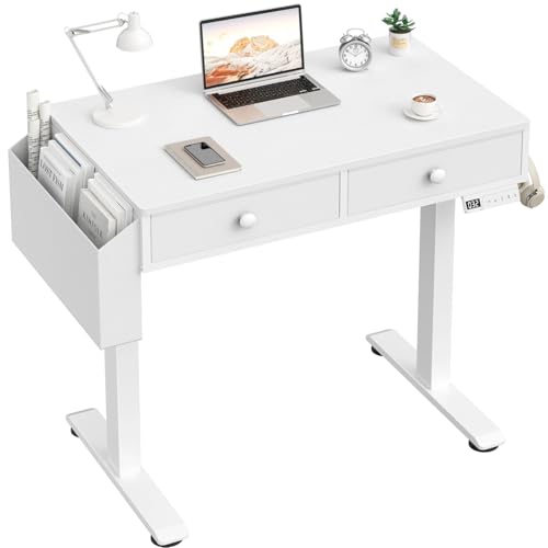 KLUVIS Electric Standing Desk with Drawers, 32 Inch White Small Height Adjustable Sit Stand Desk with Storage for Small Space Home Office Bedroom, Study Writing Stand up Computer Desks for Girls Work - color: White, size: 31.5''