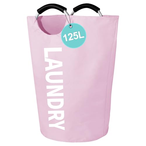 WOOHA 125L Large laundry basket,Collapsible laundry hamper, Tall Clothes Baskets Folding Washing Bin Foldable Fabric Hamper Bags for Bedroom, Closet,Bathroom,College,laundry bag,pink - color: Pink, size: 125L-XXXL