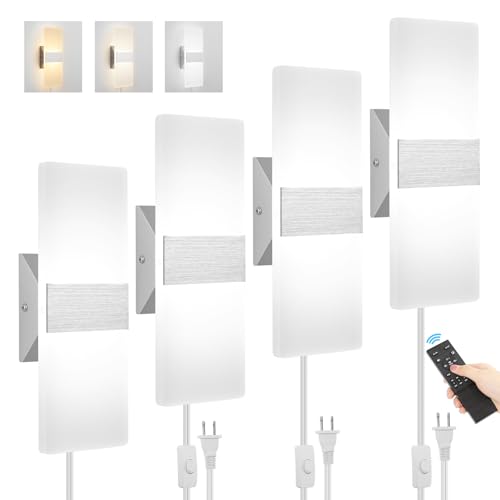 GOODATE 4 Pack Plug in Wall Sconces with Remote Control, Dimmable, Adjustable 3000K-6500K Colors, Silver 12W Acrylic LED Plug in Wall Light, Wall Lamps for Bedroom Living Room Hallway Stair - size: 4 PACK, Silver