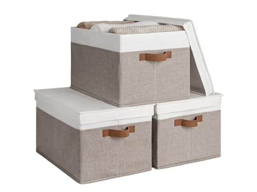 StorageWorks Fabric Storage Bins with Lids, Closet Storage Bins | Lidded Dust-proof, Easy Pull Handles, Foldable, Stackable, Ideal for Clothes Blanket Towel, Jumbo, Brown and White, 3-Pack - color: Brown and White, size: Jumbo