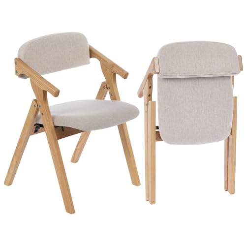 Folding Chairs with Padded Seats,Wooden Stackable Dining Chair,Easy to Store Foldable Dining Chairs for Kitchen, Living Room, Wedding Party Picnic (Beige) - color: Beige