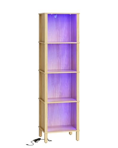 Bookshelf with LED Lights, Modern 4-Tier Bookcase, Open Storage Book Shelf, 11 × 14.2 × 50.4 Inches, Small Narrow Bookshelves for Living Room, Home Office, Bedroom, Natural - color: Natural