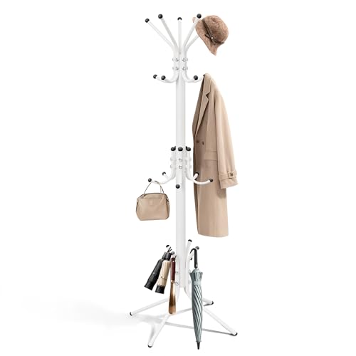 Metal Coat Rack, Freestanding Coat Tree & Hall Tree with 15 Hooks, Sturdy Coat Rack Stand and Hat Rack, Coat Hanger for Entryway, Bedroom, Office for Jackets, Hats, Bags,White - color: WHITE