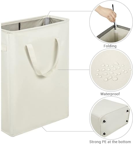 Narrow Laundry Hamper, Skinny Laundry Basket, 45L Beige, 24" | Slim Laundry hamper for Small Spaces laundry bag with handle, Foldable clothes hampers for laundry basket organizer - color: Beige