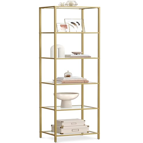 VASAGLE Bookcase, 6-Tier Bookshelf, Slim Shelving Unit for Bedroom, Bathroom, Home Office, Tempered Glass, Steel Frame, Metallic Gold ULGT500A01 - color: Metallic Gold, size: 6 Tiers (15.7"W x 69.8"H)