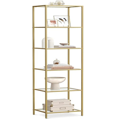 VASAGLE Bookcase, 6-Tier Bookshelf, Slim Shelving Unit for Bedroom, Bathroom, Home Office, Tempered Glass, Steel Frame, Metallic Gold ULGT500A01 - color: Metallic Gold, size: 6 Tiers (15.7"W x 69.8"H)