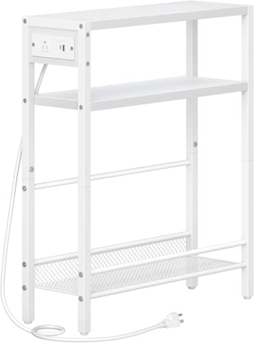 HOOBRO Small Narrow Side Table with Charging Station, Skinny End Table for Small Spaces, Slim Nightstand with USB Ports Outlet, Sofa Beside Table with Storage Shelf, White WT102UBZ01 - color: White