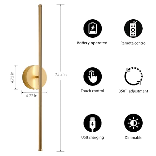 KARTOOSH Battery Operated Wall Sconces Set of Two Wireless Wall Lights | Rechargeable Wall Sconce with Remote 350°Rotate Dimmable 3000K LED Wall Lamp for Living Room, Bedroom - color: Gold, size: 24.4 Inches