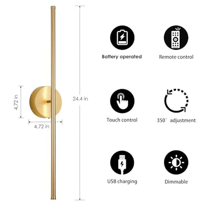 KARTOOSH Battery Operated Wall Sconces Set of Two Wireless Wall Lights | Rechargeable Wall Sconce with Remote 350°Rotate Dimmable 3000K LED Wall Lamp for Living Room, Bedroom - color: Gold, size: 24.4 Inches