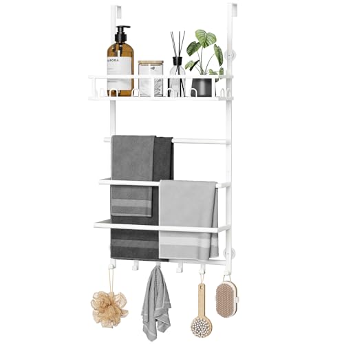 Aetyord Towel Racks for Bathroom Over The Door Towel Rack Towel Storage with Metal Shelf Basket and Hooks White
