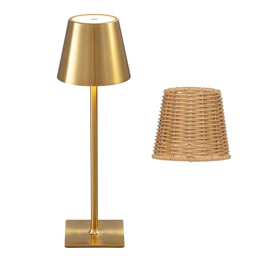 Mr. White Outdoor Waterproof Cordless Wireless Rechargeable Portable Top Touch Battery Operated Powered LED Table Lamp Desk Lamp Lights for Restaurant Kitchen Patio Dinner Dining (Gold) - color: Gold+Wicker Lampshade