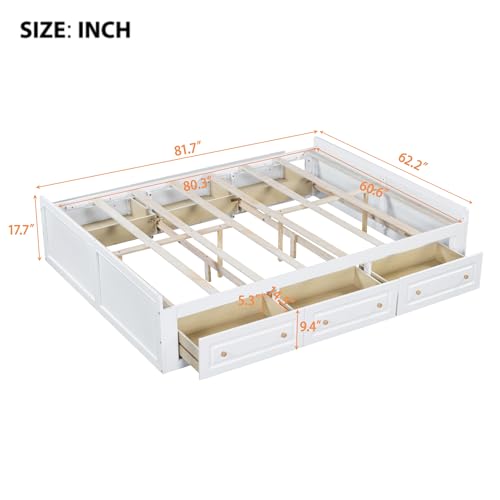 Merax Queen Size Platform Bed with 6 Storage Drawers, No Headboard, Space-Saving Bed Frame for Bedroom, Wooden Slats Support, No Box Spring Needed, Noise Free, White - color: White