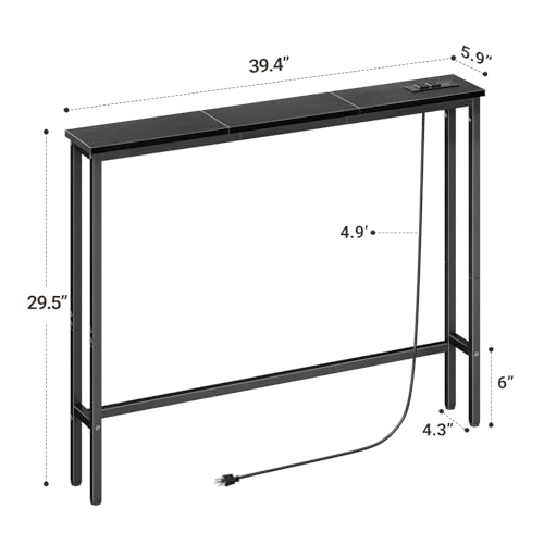 ELYKEN 39.4'' Narrow Console Table with Outlet, Sofa Table Behind Couch | Skinny Entryway Tables with Charging Station for Living Room, Hallway, 5.9 x 39.4 x 29.5in, Black - color: Black, size: 5.9"DX39.4"WX29.5"H