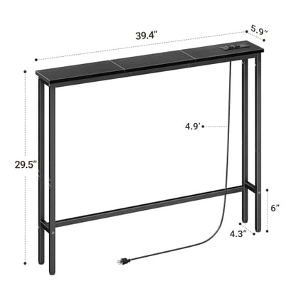 ELYKEN 39.4'' Narrow Console Table with Outlet, Sofa Table Behind Couch | Skinny Entryway Tables with Charging Station for Living Room, Hallway, 5.9 x 39.4 x 29.5in, Black - color: Black, size: 5.9"DX39.4"WX29.5"H