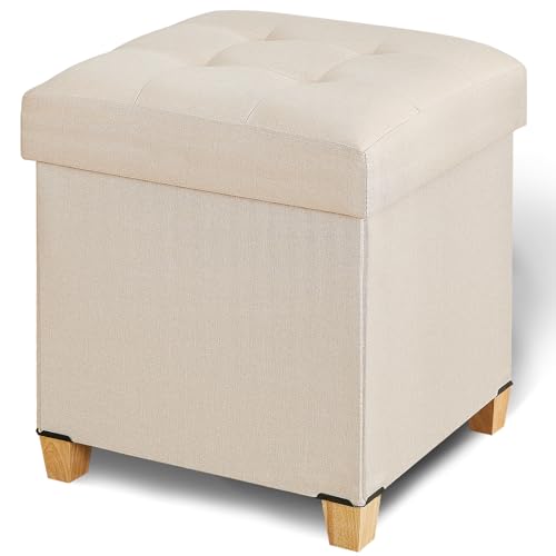 Ottoman with Storage, Square Storage Ottoman for Dorm, Linen Ottomans with Legs for Living Room, Bedroom, 17.7" D x 17.7" W x 19.9" H, Beige - color: Beige, size: 17.7"D x 17.7"W x 19.9"H