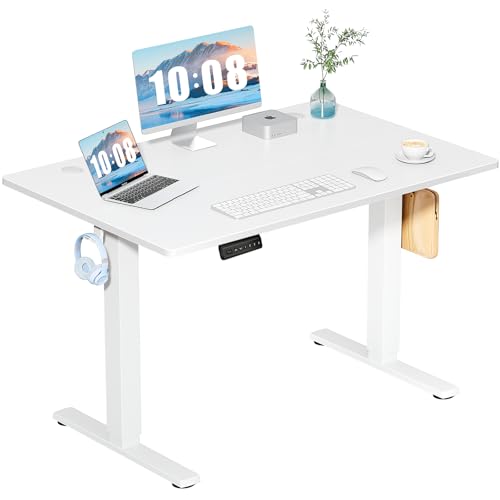 DUMOS 48 Inch Electric Standing Desk, Memory Adjustable Home Office Desk | Sit Stand Up Desk for Work Home Office,Adjustable Desk, Rising Computer Table with Splice Board,Cable Management,Hook,White - color: White, size: 48-Inch