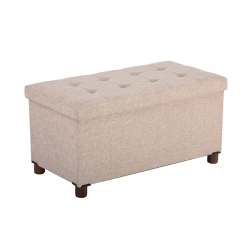 30 Inches Storage Ottoman Bench, Storage Bench with Wooden Legs for Living Room Ottoman Foot Rest Removeable Lid for Bedroom End of Bed, Linen Fabric, Folding Beige Ottoman