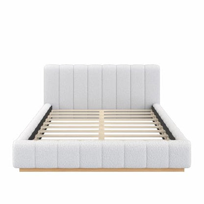 Majnesvon Queen Size Upholstered Bed Frame, Soft Boucle Bed Frame with Headboard, Low Profile White Platform Bed with Wood Base - size: Queen (U.S. Standard)