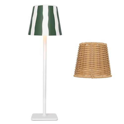 Mr. White Outdoor Waterproof Cordless Wireless Rechargeable Portable Top Touch Battery Operated Powered LED Table Lamp Desk Lamp Lights for Restaurant Kitchen Patio Dinner Dining (Green) - color: Green Stripe+Wicker Lampshade