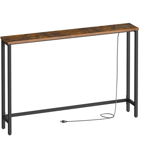 HOOBRO 47.2" Narrow Console Table with Power Outlet, 5.9" Behind Couch Table with Charging Station, Long Sofa Side Table, Skinny Entryway Table for Living Room, Hallway, Foyer, Rustic Brown BF15XG01G1 - color: Rustic Brown + Black, size: 47.2"L x 5.9"W x