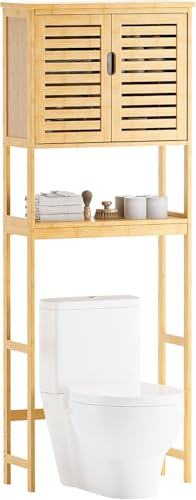 SMIBUY Bathroom Over The Toilet Storage Cabinet, 2 Door Bamboo Cabinet Organizer, Freestanding Space Saver Toilet Rack with Adjustable Inside Shelf and Open Shelf (Natural) - color: Natural