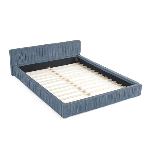 Queen Size Upholstered Bed Frame, Modern Grounded Bed with Solid Wood Slats, Pleated Headboard, Sturdy Construction, No Box Spring Needed, Grey (Blue, Queen) - color: Blue