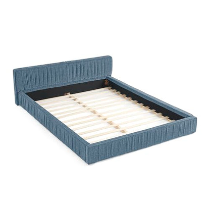 Queen Size Upholstered Bed Frame, Modern Grounded Bed with Solid Wood Slats, Pleated Headboard, Sturdy Construction, No Box Spring Needed, Grey (Blue, Queen) - color: Blue