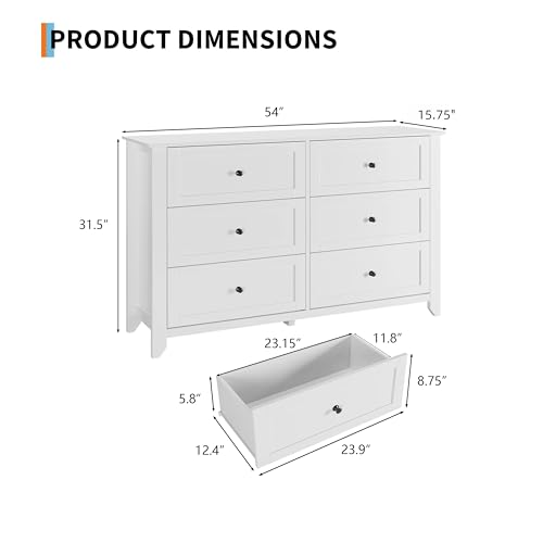 IDEALHOUSE 6 Chest of Drawers for Bedroom, 54''L Drawer Dresser, White | Simply 6 Drawer Dresser for Hallway Entryway, 15.8"D x 54"W x 31.5"H, Modern Lacquered Storage Organizer for Living Room - color: White, size: 15.8"D x 54"W x 31.5"H (6 Drawers)