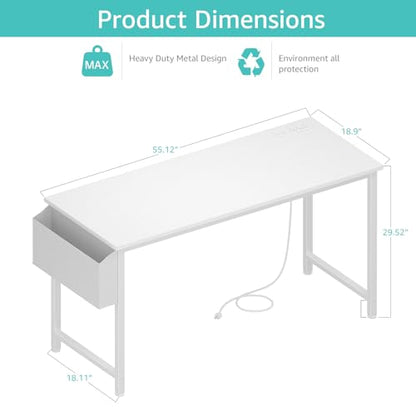 Lufeiya White Computer Desk with Power Outlet, 55 inch Teen Study Table Home Office Work Writing Gaming Desks with Charging Station Outlets Built in, White - color: White, size: 55.1"