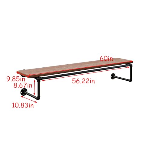 Clothes Rack 60in, Wall Mounted Garment Racks with Real Wood Shelf, Heavy Duty Hanging Clothes Rack, Multi-Purpose Hanging Rod, Space-Saving Closet Storage - color: Brown, size: 1T60IN