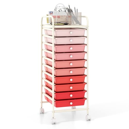 COSTWAY 10-Drawer Rolling Storage Cart, Utility Mobile Trolley | Removable Drawers & Universal Casters & 2 Brakes, Versatile Flexible Drawer Organizer Cart for Home, Office (Mixed Pink) - color: Mixed Pink, size: 13"L x 15"W x 34"H (10 Drawer)