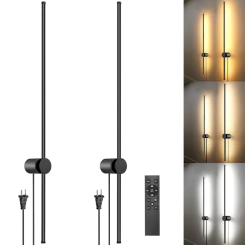 GOODATE Wall Sconces Set of Two with Remote, Stepless Colors 3000K-6500K & Stepless Dimming, Hardwire or Plug-in, 180° Rotate, LED Black Plug in Wall Sconces with Timer & Night Light, 39.4 Inches - color: Black, Stepless Color Temperature: 3000K-6500K, si