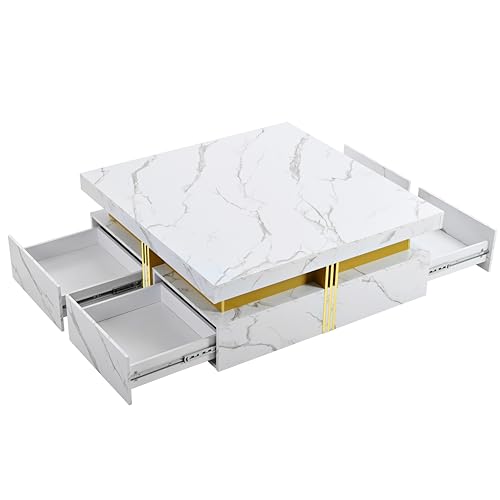 Modern White Square Storage Coffee Table with 4 Drawers for Living Room - color: White1