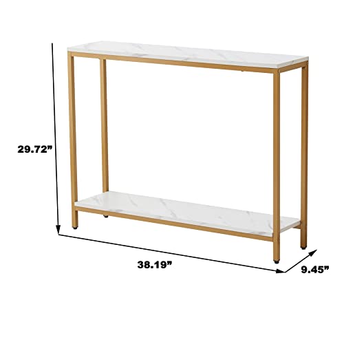 loglus Console Table for Entryway, Faux Marble MDF Indoors Sofa Table with Golden Frame for Small Rooms, Double Layer, White Marble, 9.45" D x 38.19" W x 29.72" H - color: White Marble, style: Double Layer