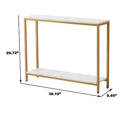 loglus Console Table for Entryway, Faux Marble MDF Indoors Sofa Table with Golden Frame for Small Rooms, Double Layer, White Marble, 9.45" D x 38.19" W x 29.72" H - color: White Marble, style: Double Layer