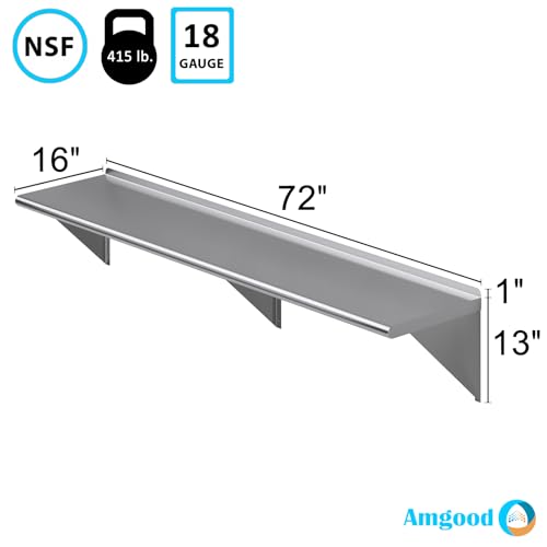 AmGood 16 in. x 72 in. Stainless Steel Wall Shelf | NSF | Metal Shelving | Garage, Laundry, Storage, Utility Room | Restaurant, Commercial Kitchen - size: 16 in. x 72 in.