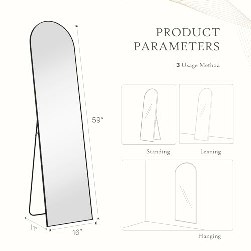 Arched Mirror Full Length, 16"x59" Body Wall Mirror - color: Classic Black-arched, size: 59"L x 16"W