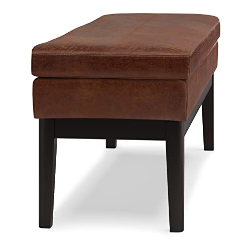SIMPLIHOME Carlson Ottoman Bench - 45 inch Wide Upholstered Vegan Leather Rectangle Ottoman in Distressed Saddle Brown, Mid Century Modern Bench for Bedroom or Living Room with Padded Seat - color: Brown, style: Ottoman Bench
