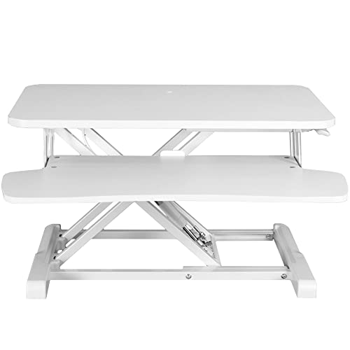 VIVO White 28 in Standing Desk Converter, DESK-V028KW | Height Adjustable, Stand Up Desk Riser, Wide Keyboard Tray, Dual Monitor and Laptop Workstation, White Frame, K Series - color: White, size: 28"