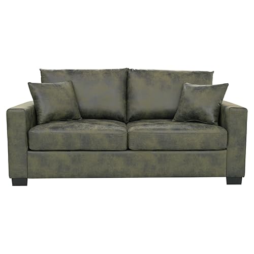 Two-Seater Sofa with Foil Fabric and Two Throw Pillows, Olive Green - Compact Design for Apartments and Living Rooms - color: Olive Green