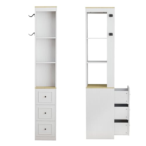RASOO 73.03" CD Storage Tower, White Tall Narrow Bookcase Bathroom Storage Cabinet Media Tower Rack Multi-Functional Skinny Display Bookshelf with Drawers and Headphone Hook - size: RY0038