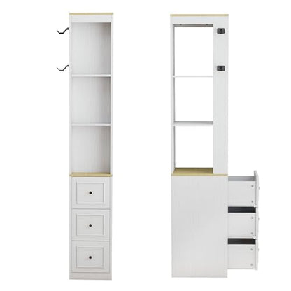 RASOO 73.03" CD Storage Tower, White Tall Narrow Bookcase Bathroom Storage Cabinet Media Tower Rack Multi-Functional Skinny Display Bookshelf with Drawers and Headphone Hook - size: RY0038