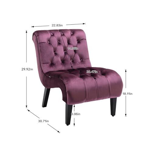 Comfy Velvet Accent Chair, Tufted Armless Side Chair with Rolled Edge | Modern Small Lounger for Living Room, Upholstered Reading Chaise Lounge with Solid Rubber Wood Legs, Purple - color: Purple, size: Set of 1