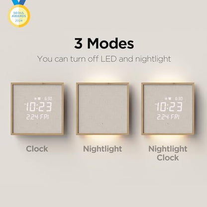 mooas Wooden Frame LED Silent Wall Clock (Wooden Frame Light Brown) | Remote Control, Backlit Nightlight, Modern Digital LED Wall Clock Sunrise Alarm Melody 5 Brightness for Bedroom Living Room - color: Wooden Frame Light Brown