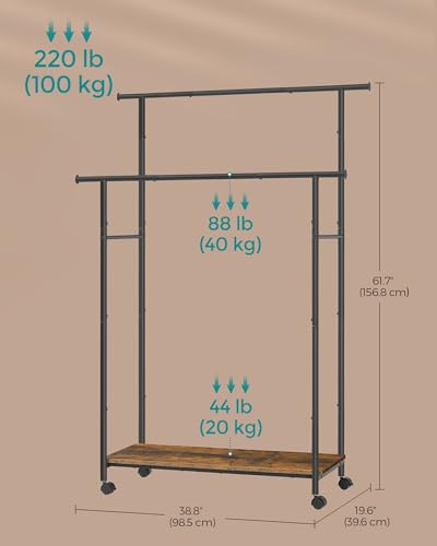 SONGMICS Clothes Rack with Wheels, Double-Rod Clothing Rack for Hanging Clothes, 38.8 Inches Garment Rack with Shelf, Loads up to 220 lb, for Bedroom, Closet, Rustic Brown and Ink Black UHSR152B01 | Clothing Rack for Hanging Clothes, 38.8 Inches, Loads up