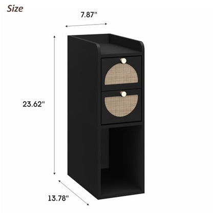 Narrow Nightstand (Rattan & Wood) - Small Bedside Table with 2 Drawers, Open Shelf, Mid Century Modern End Table - for Bedroom, Living Room & Small Spaces, Black - color: Black, size: 7.9"W (1 Pc)
