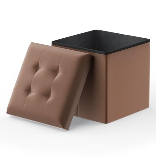Folding Storage Ottoman Cube, 15 Inches Small Ottoman with Storage, Footstool Rest Padded Seat for Living Room, Bedroom, Entryway, Hallway, Brown - color: Brown, size: 15"D x 15"W x 15"H