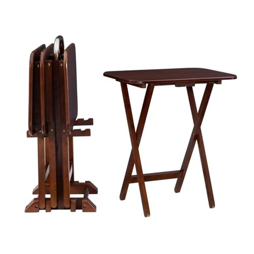 Pemberly Row Transitional Solid Wood Folding Tray Tables, Dark Cherry Finish, 5-Piece Set with Chrome Handle Stand, 15.72" w x 23.58" d x 26.38" h, Birch Veneer MDF Tops, Indoor Snack and Laptop Use