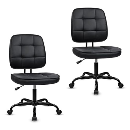 CLATINA Armless Home Office Chair with Lumbar Support and Wheels, Small PU Leather Ergonomic Low Back Desk Chairs No Arms, Adjustable Height 360° Swivel Rolling Computer Task Chair, Black, 2 Pack - color: Black-heibao, size: 2 Pack