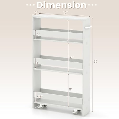 MAT EXPERT Slim Rolling Storage Cart, 4-Tier Freestanding Slim Storage Cart with Wheels 360 Degree & Metal Handle, Wooden Utility Cart for Narrow Kitchen, Laundry Room, Bathroom (Plain White) - color: Plain White